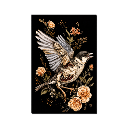 Gothic Bird Skeleton Floral Canvas Print