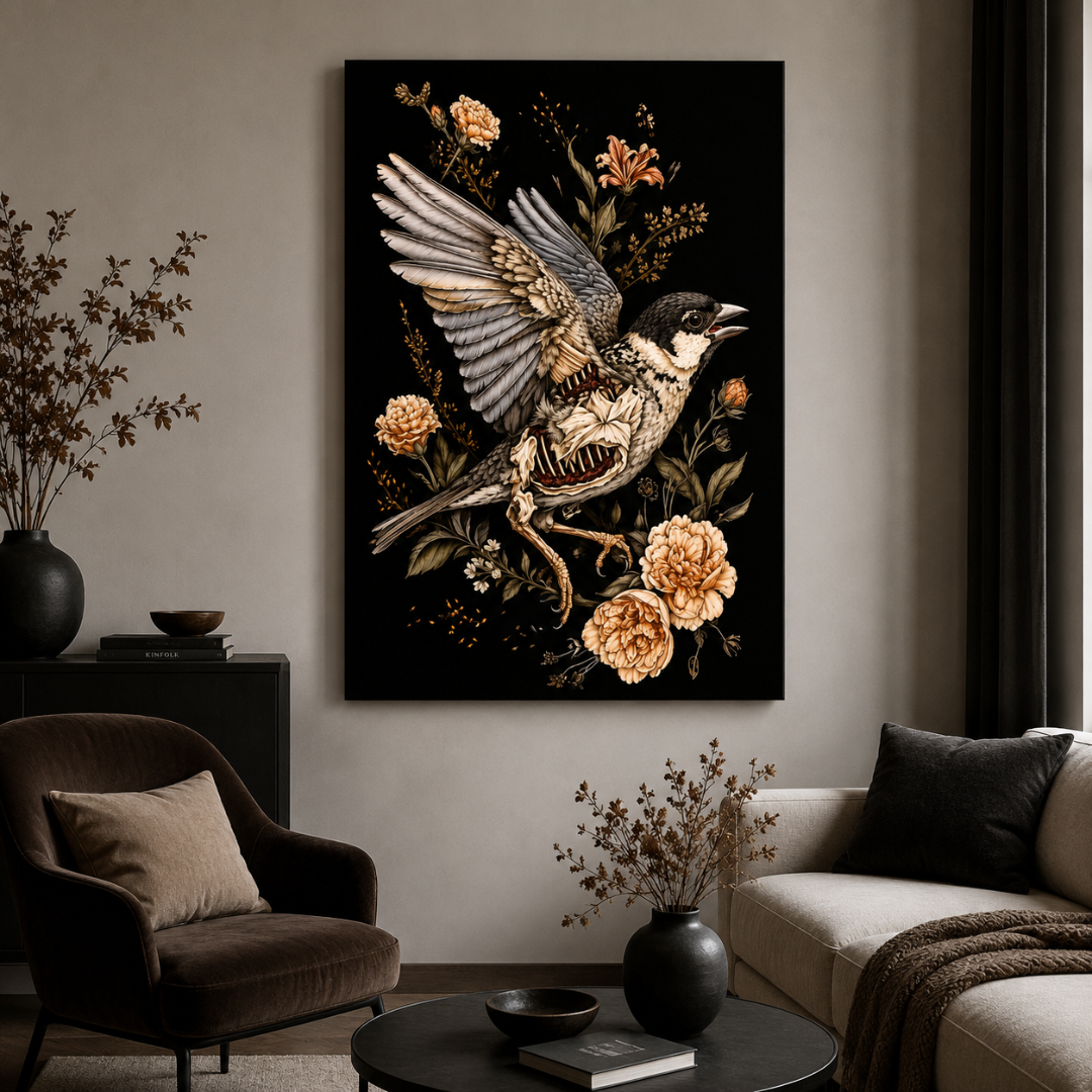 Gothic Bird Skeleton Floral Canvas Print