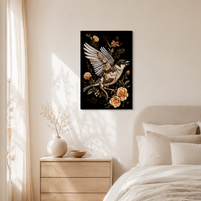 Gothic Bird Skeleton Floral Canvas Print