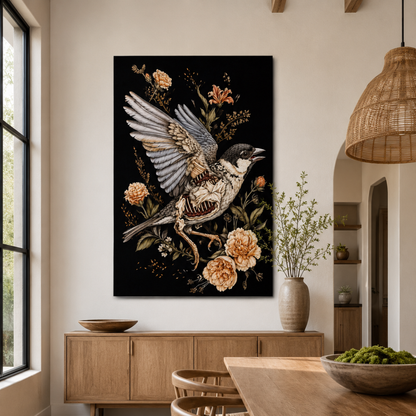 Gothic Bird Skeleton Floral Canvas Print
