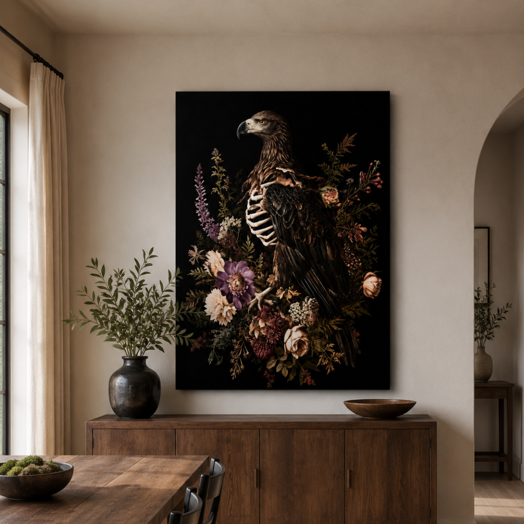 Gothic Eagle Skeleton Floral Canvas Print