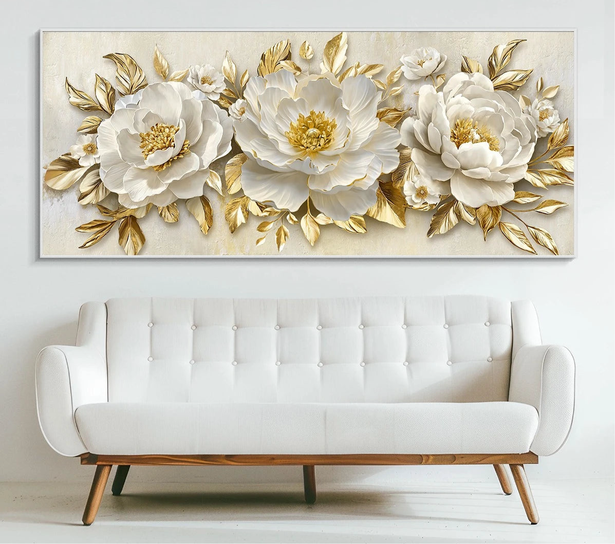 Modern platinum and gold leaf flower canvas wall art