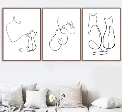 minimalist black and white cat and dog line art canvas wall art