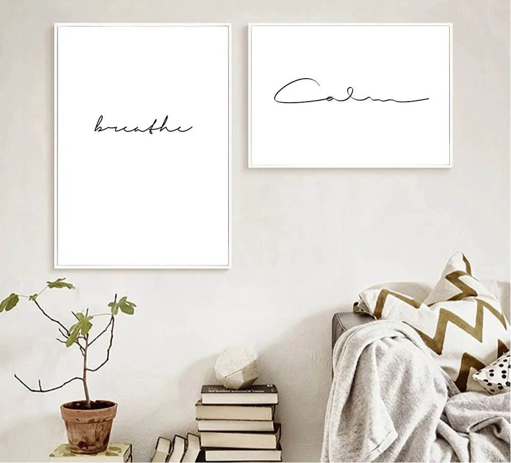 black and white “Breathe” minimalist quote canvas wall art