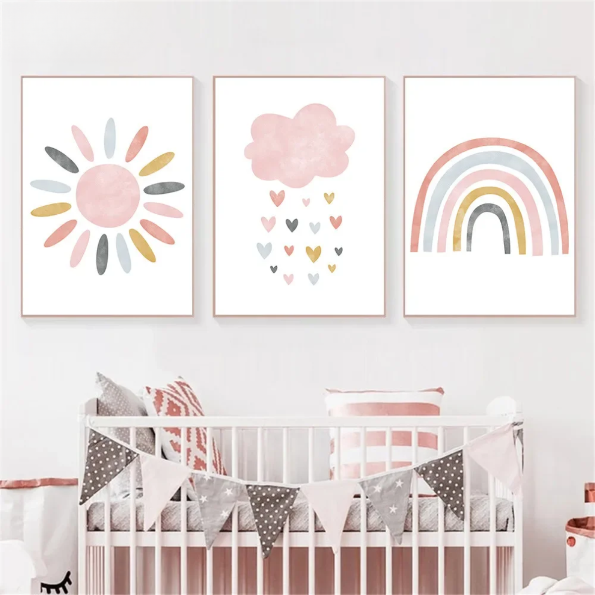 Pink Cartoon Rainbow & Sun Nursery Canvas Print