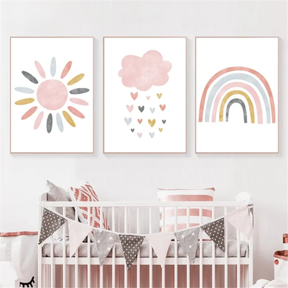 Pink Cartoon Rainbow & Sun Nursery Canvas Print