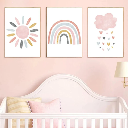 Pink Cartoon Rainbow & Sun Nursery Canvas Print