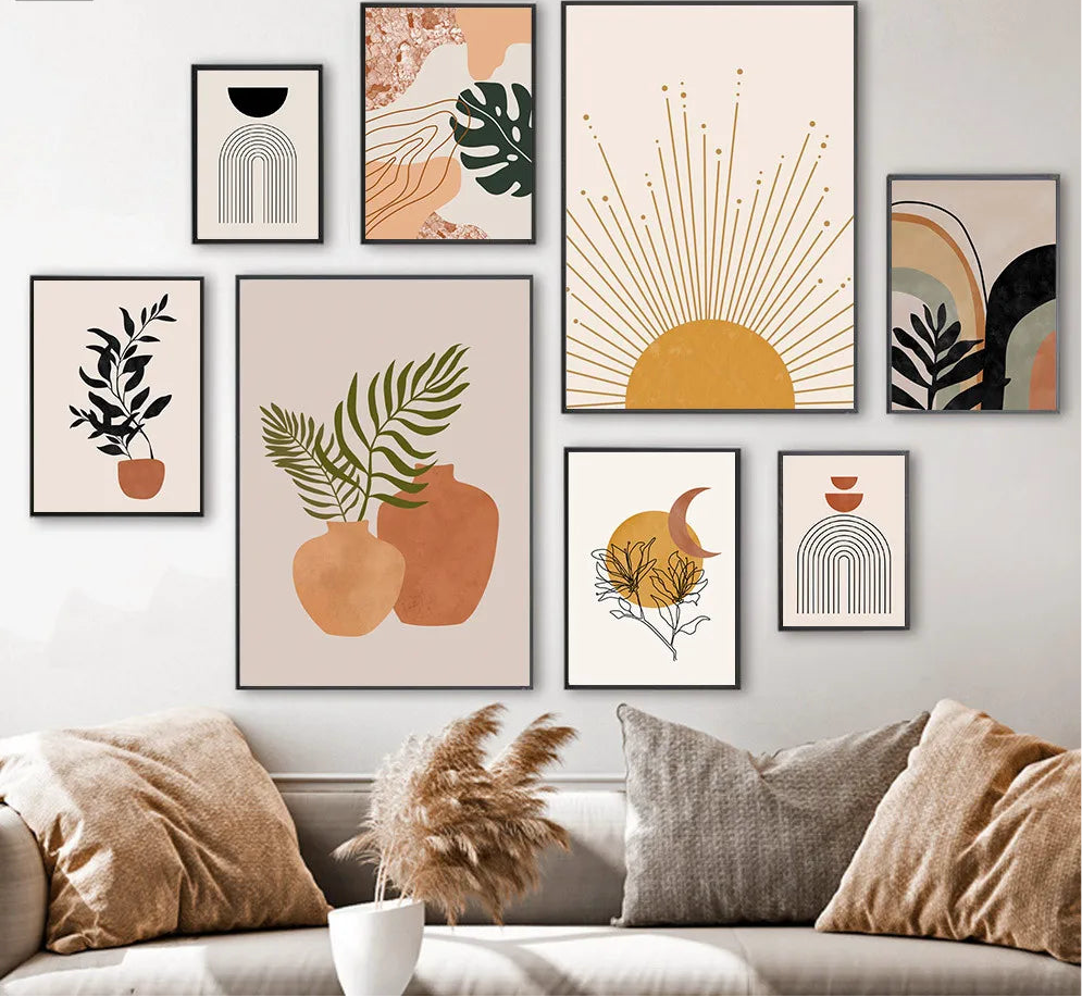 boho terracotta mustard sun with leaf geometric canvas wall art