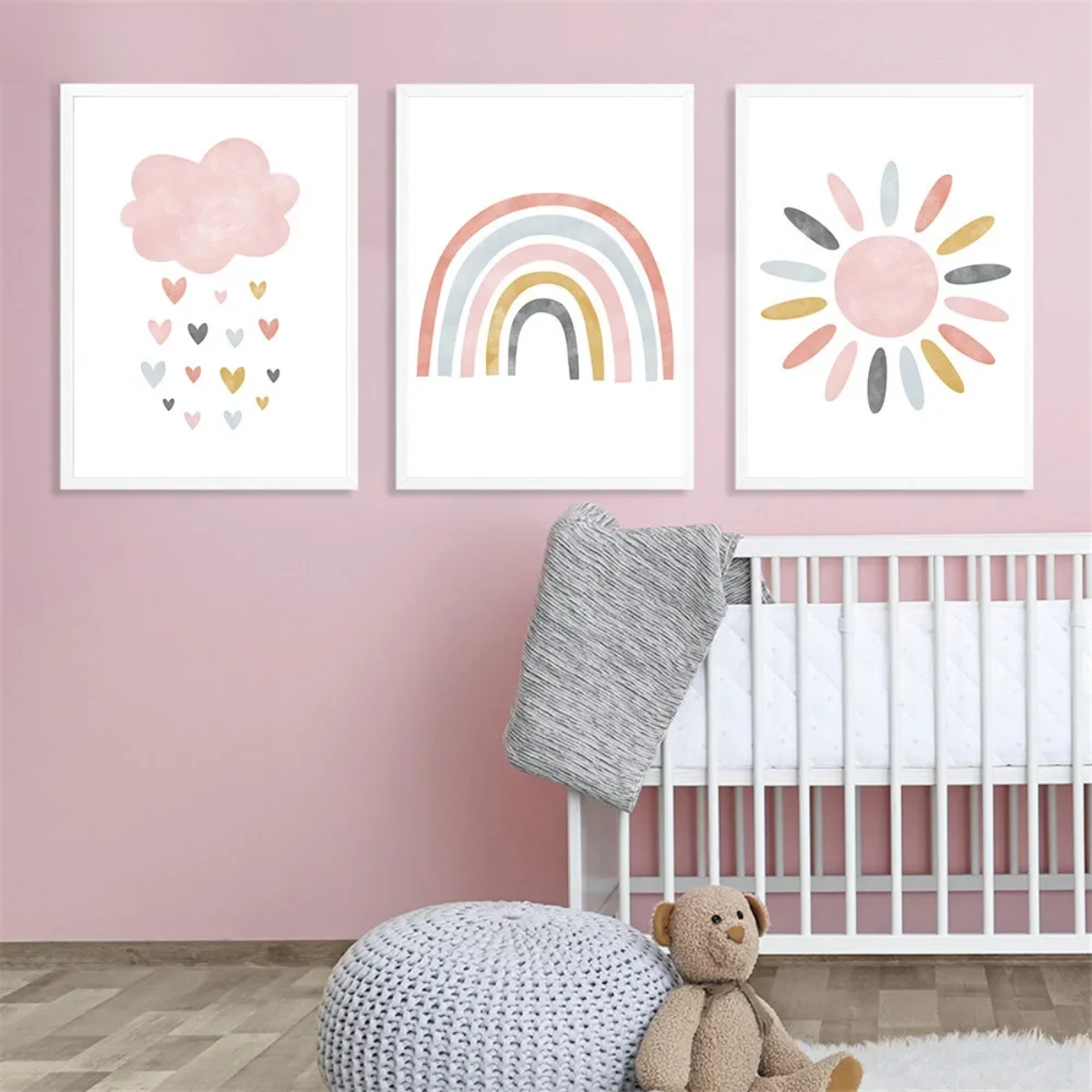 Pink Cartoon Rainbow & Sun Nursery Canvas Print