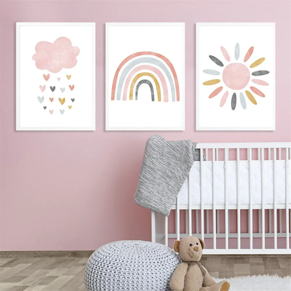 Pink Cartoon Rainbow & Sun Nursery Canvas Print