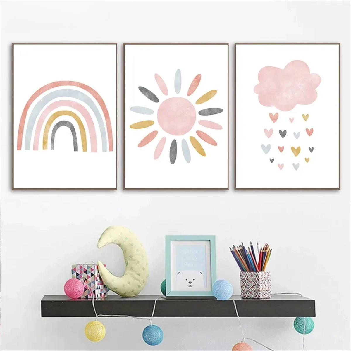 Pink Cartoon Rainbow & Sun Nursery Canvas Print