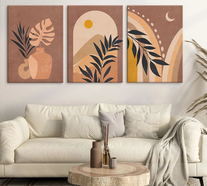 Vintage boho terracotta leaf colour-block canvas wall art