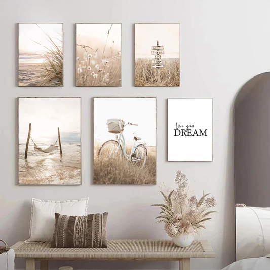 Beige Coastal Landscape with Flowers & Bike Canvas Print