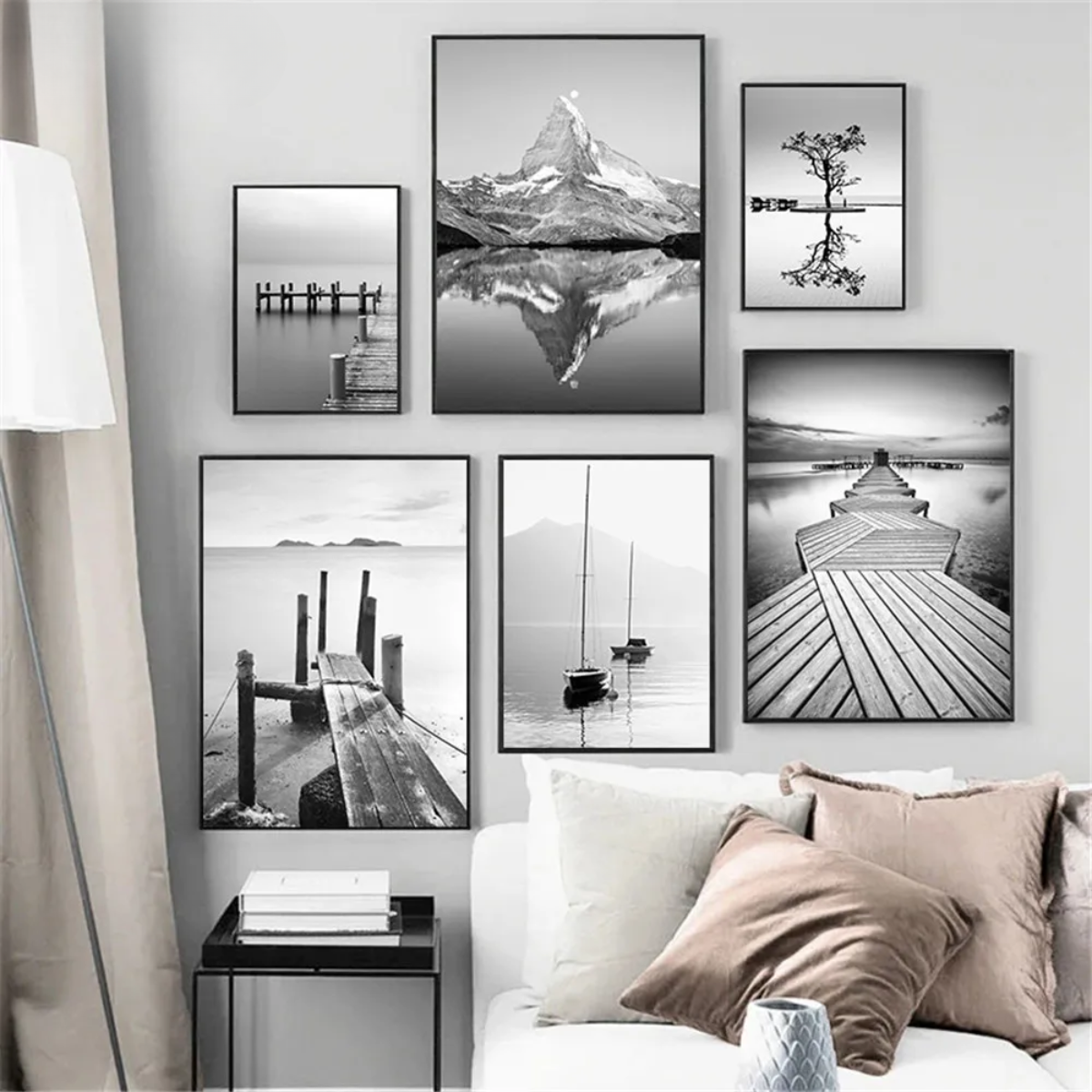 Black & White Mountain Lake with Bridge Canvas Print