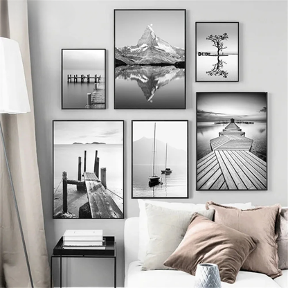 Black & White Mountain Lake with Bridge Canvas Print