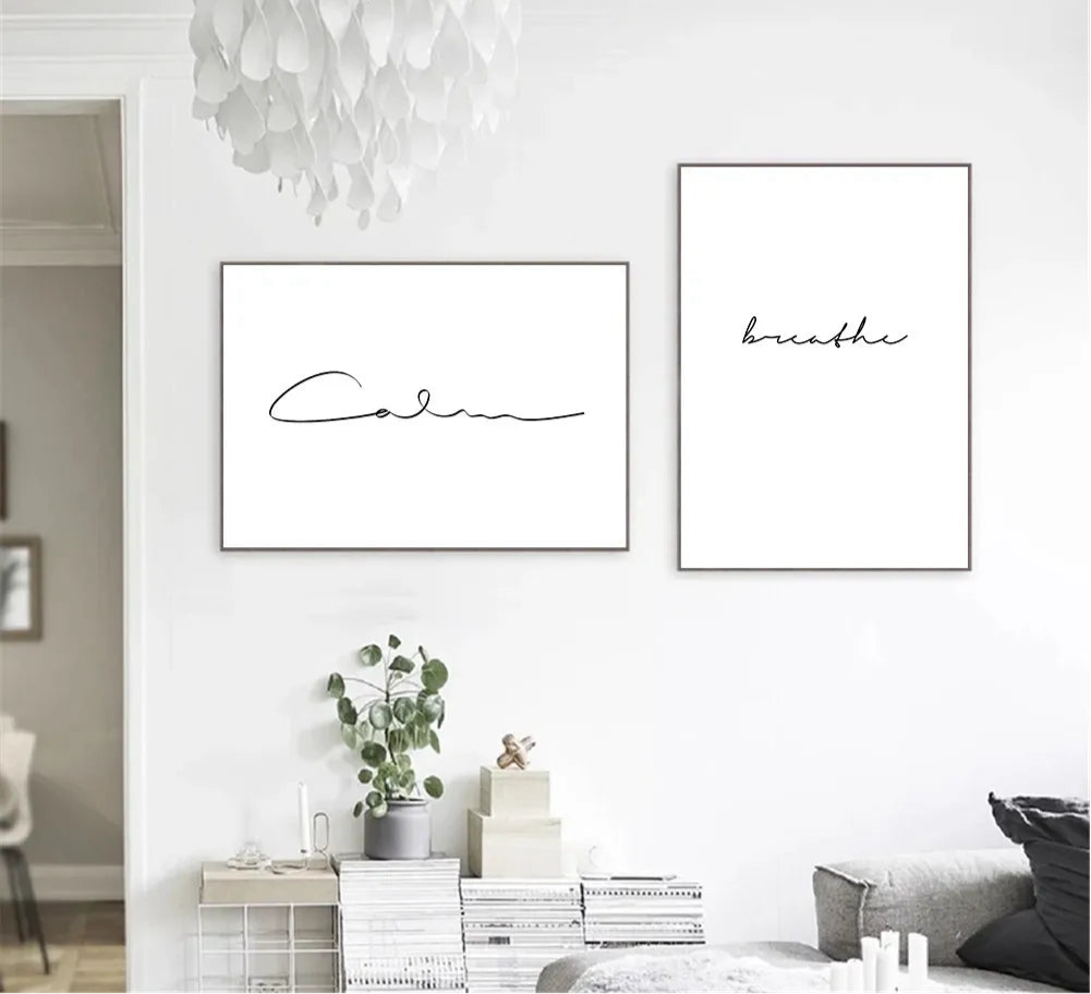 black and white “Breathe” minimalist quote canvas wall art