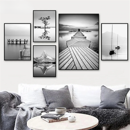 Black & White Mountain Lake with Bridge Canvas Print