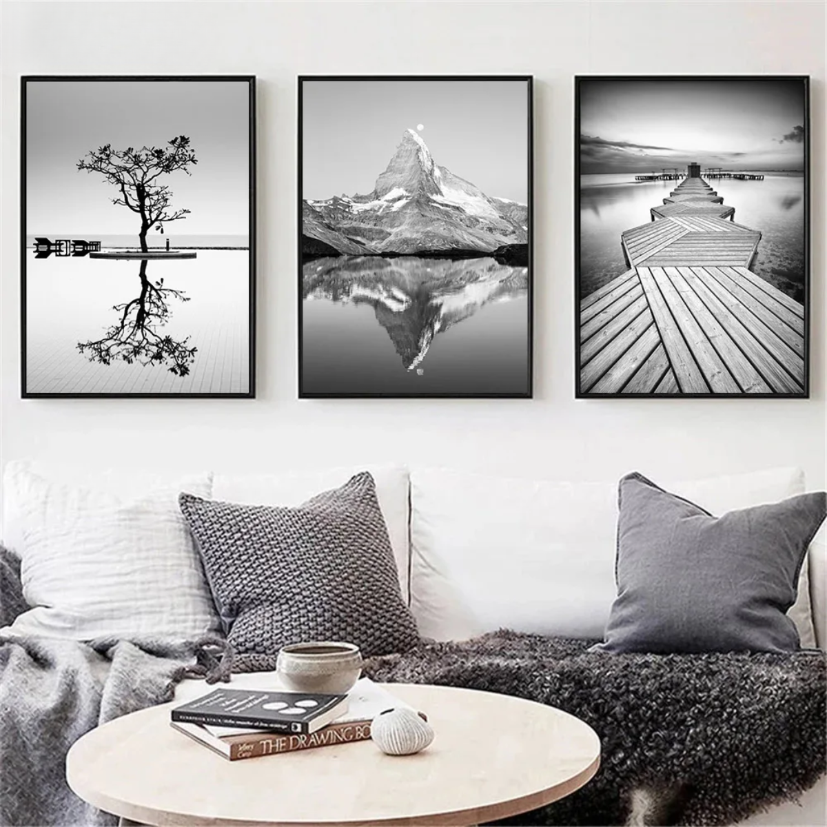 Black & White Mountain Lake with Bridge Canvas Print