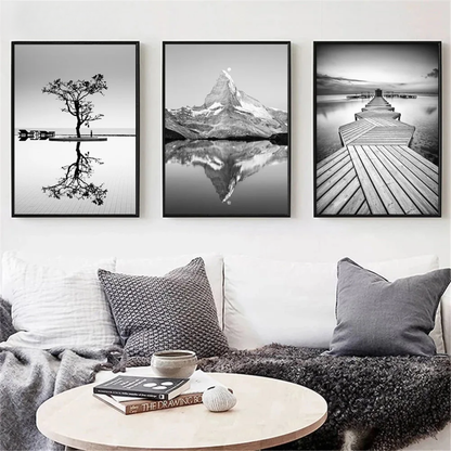 Black & White Mountain Lake with Bridge Canvas Print