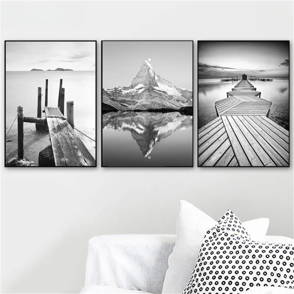 Black & White Mountain Lake with Bridge Canvas Print