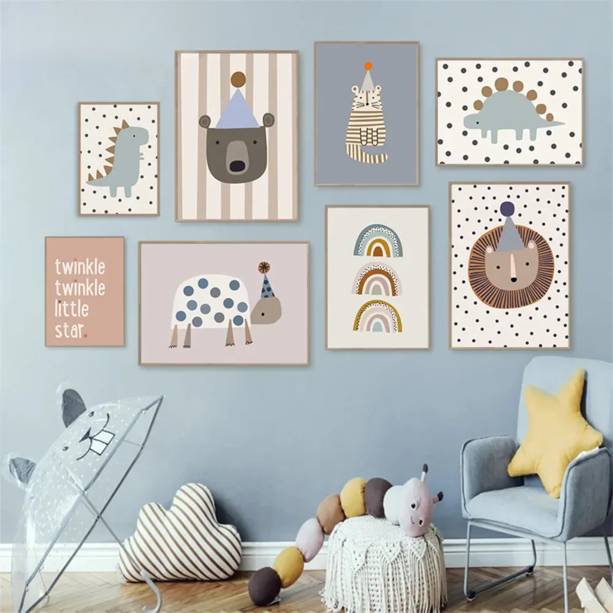 Turtle, Bear, Cat, Lion & Dinosaur Rainbow Kids Canvas Print