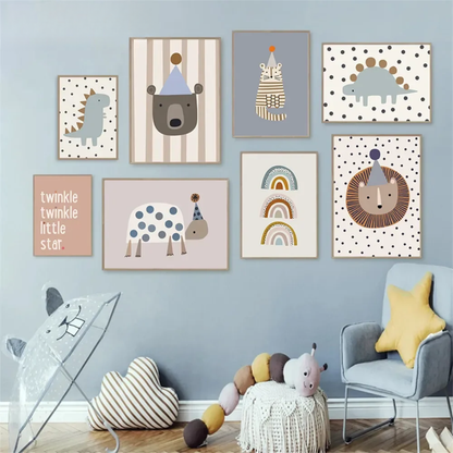 Turtle, Bear, Cat, Lion & Dinosaur Rainbow Kids Canvas Print