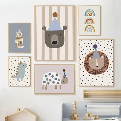 Turtle, Bear, Cat, Lion & Dinosaur Rainbow Kids Canvas Print