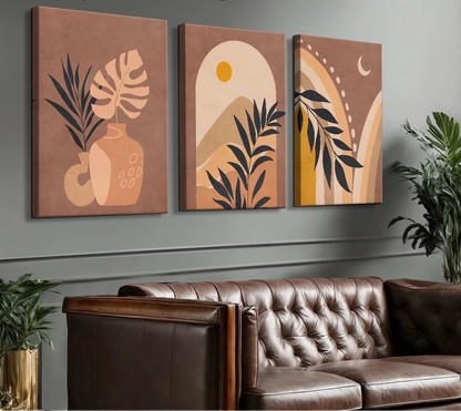 Vintage boho terracotta leaf colour-block canvas wall art