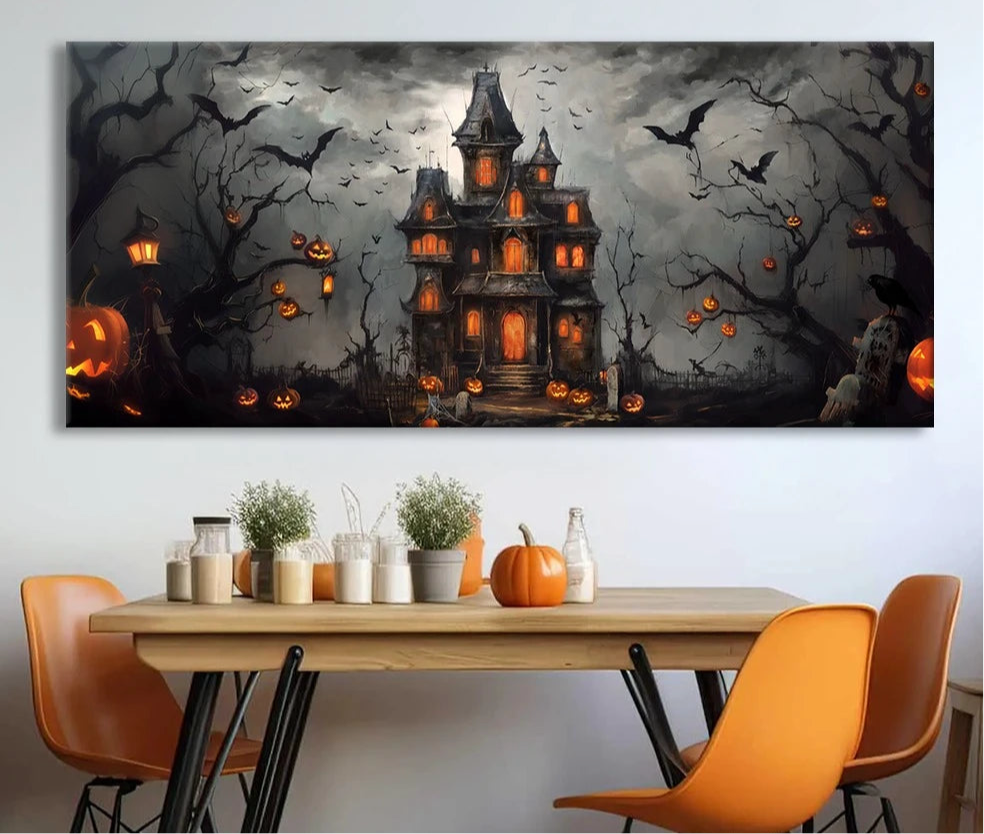 Vintage dark castle with bats Halloween canvas wall art