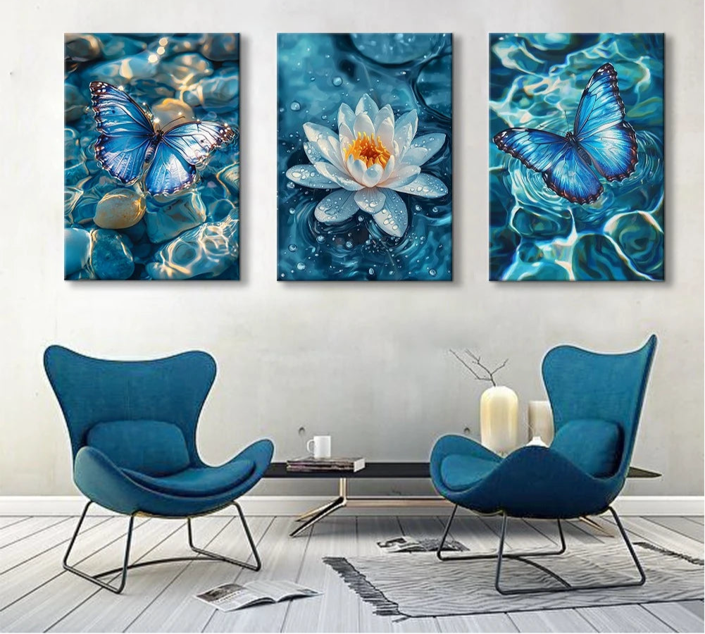 Blue lotus flower with butterflies canvas wall art