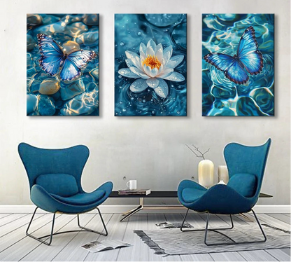 Blue lotus flower with butterflies canvas wall art