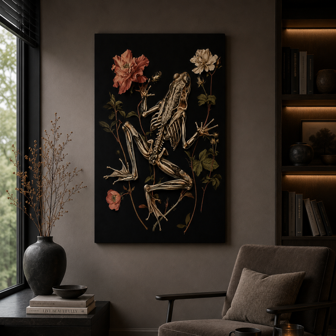 Gothic Frog Skeleton Botanical Canvas Print