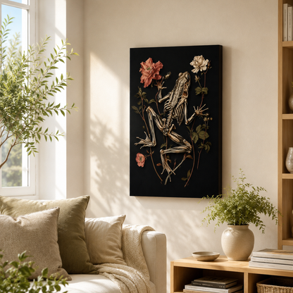 A vertical canvas wall art print featuring a detailed frog skeleton with pink and white flowers on a black background, styled in a warm, modern living room setting.