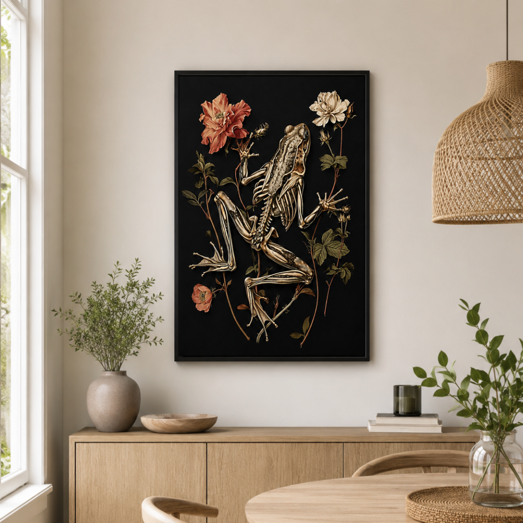 A vertical framed wall art print featuring a detailed frog skeleton illustration with flowers on a black background, displayed in a styled interior room above a wooden cabinet.