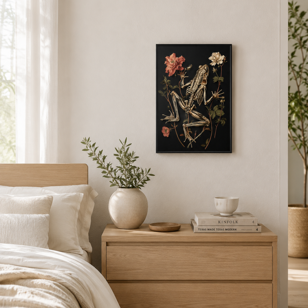 A framed vertical art print featuring a detailed frog skeleton with pink and white flowers on a black background, hanging on a beige wall above a wooden nightstand in a styled bedroom setting.