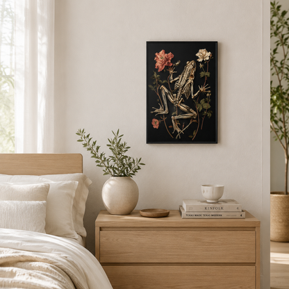 A framed vertical art print featuring a detailed frog skeleton with pink and white flowers on a black background, hanging on a beige wall above a wooden nightstand in a styled bedroom setting.