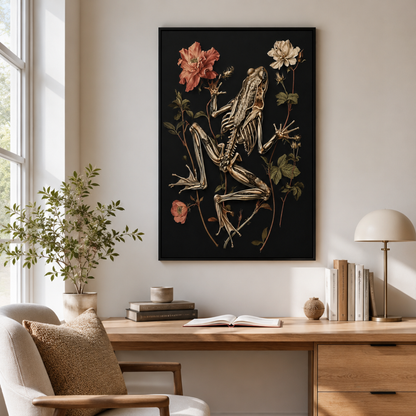 A framed wall art print featuring a skeleton frog with flowers on a black background, displayed above a wooden desk in a bright, modern room with a chair, lamp, and books.