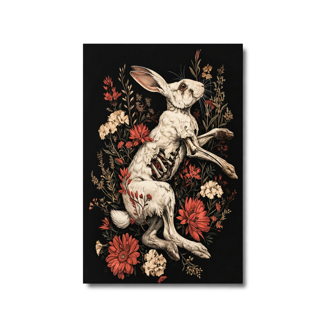 A vertical art print featuring a detailed illustration of a skeletal white rabbit surrounded by red, orange, and cream flowers on a solid black background, shown as a mockup with a subtle drop shadow on a white background.