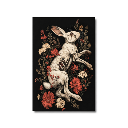 A vertical art print featuring a detailed illustration of a skeletal white rabbit surrounded by red, orange, and cream flowers on a solid black background, shown as a mockup with a subtle drop shadow on a white background.