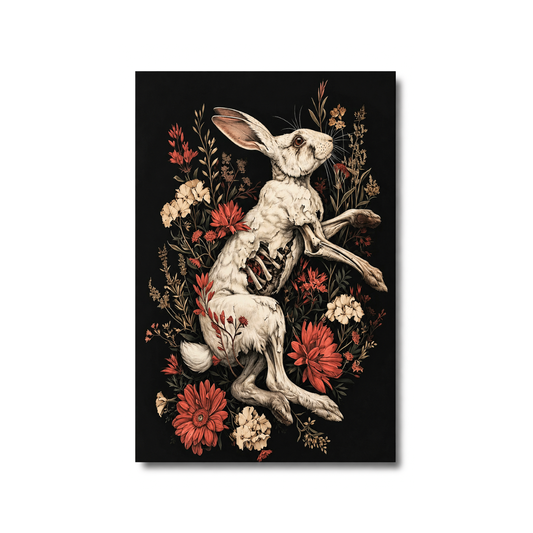 A vertical art print featuring a detailed illustration of a skeletal white rabbit surrounded by red, orange, and cream flowers on a solid black background, shown as a mockup with a subtle drop shadow on a white background.