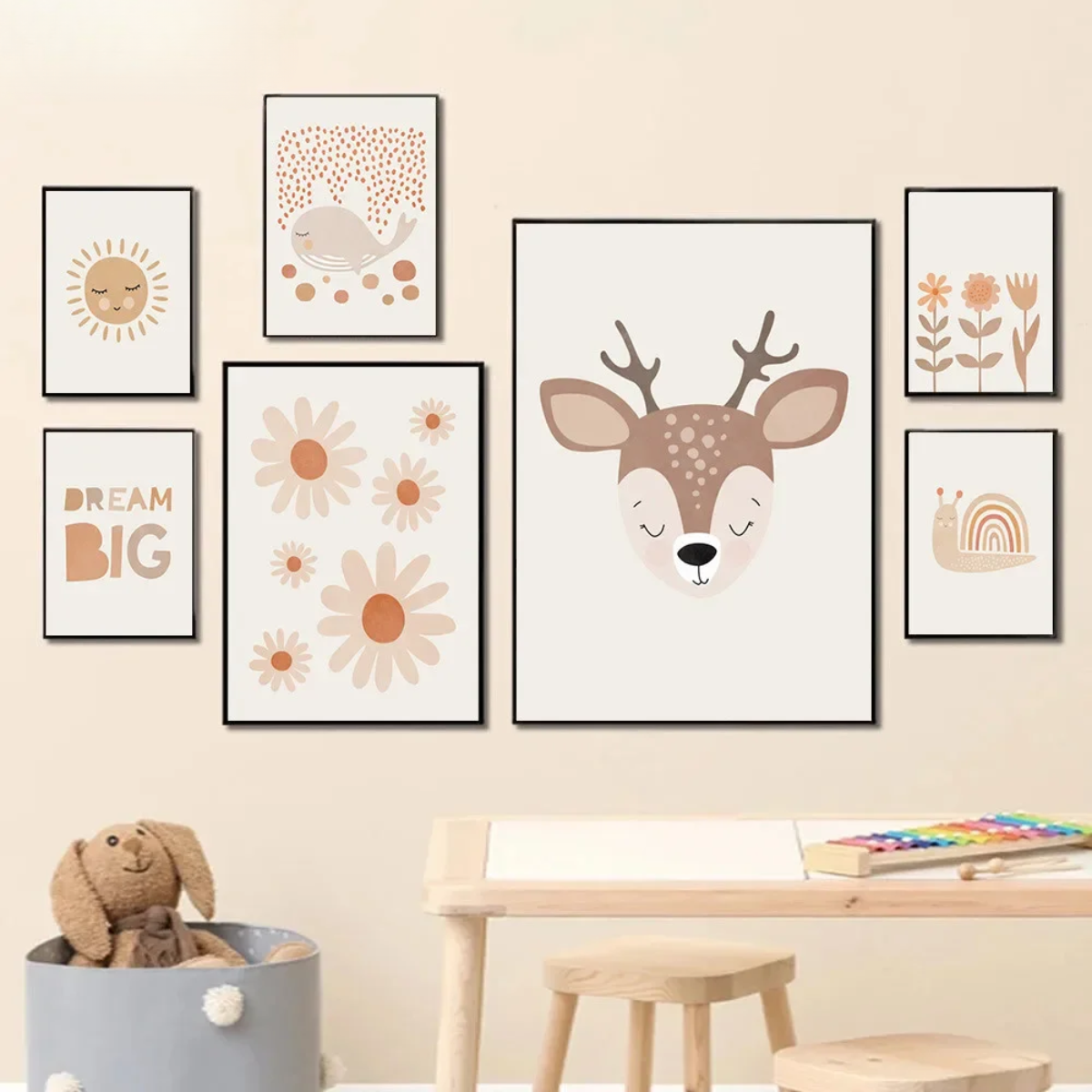 Boho Sun & Rainbow with Deer Kids Canvas Print