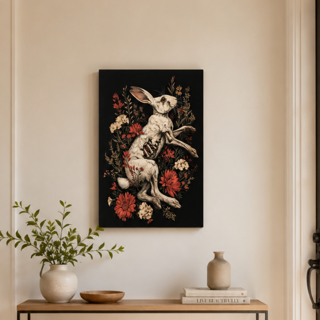 Gothic Rabbit Skeleton Floral Canvas Print