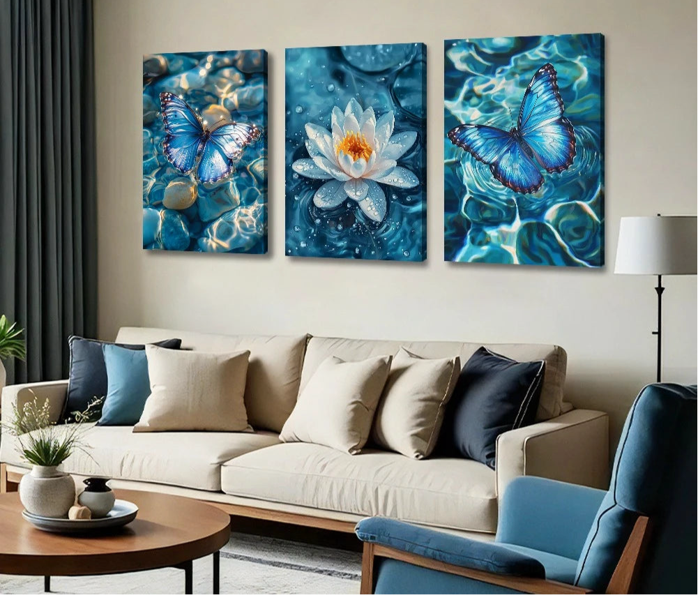 Blue lotus flower with butterflies canvas wall art