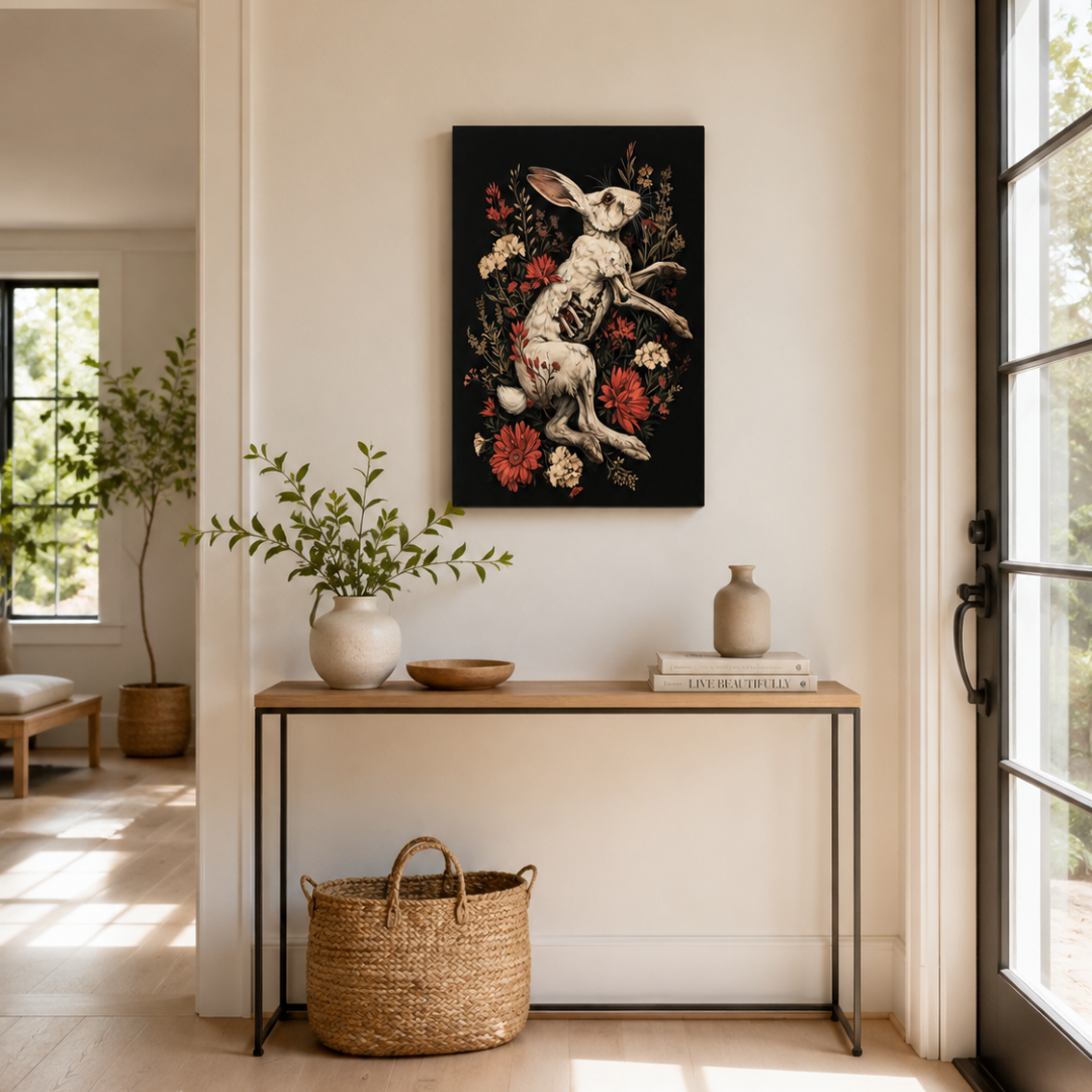 Gothic Rabbit Skeleton Floral Canvas Print