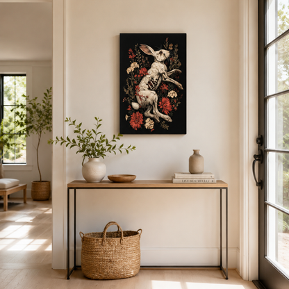 Gothic Rabbit Skeleton Floral Canvas Print