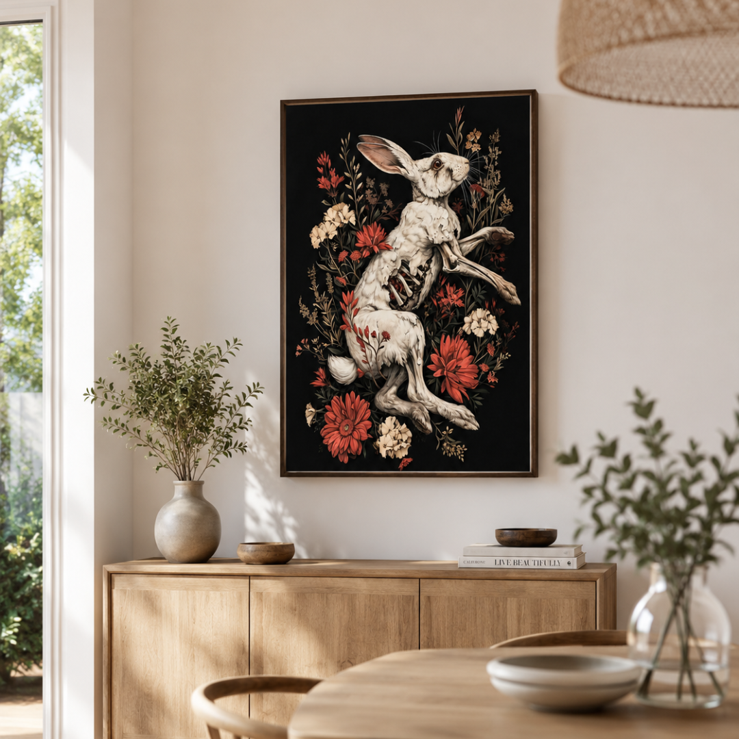 Gothic Rabbit Skeleton Floral Canvas Print