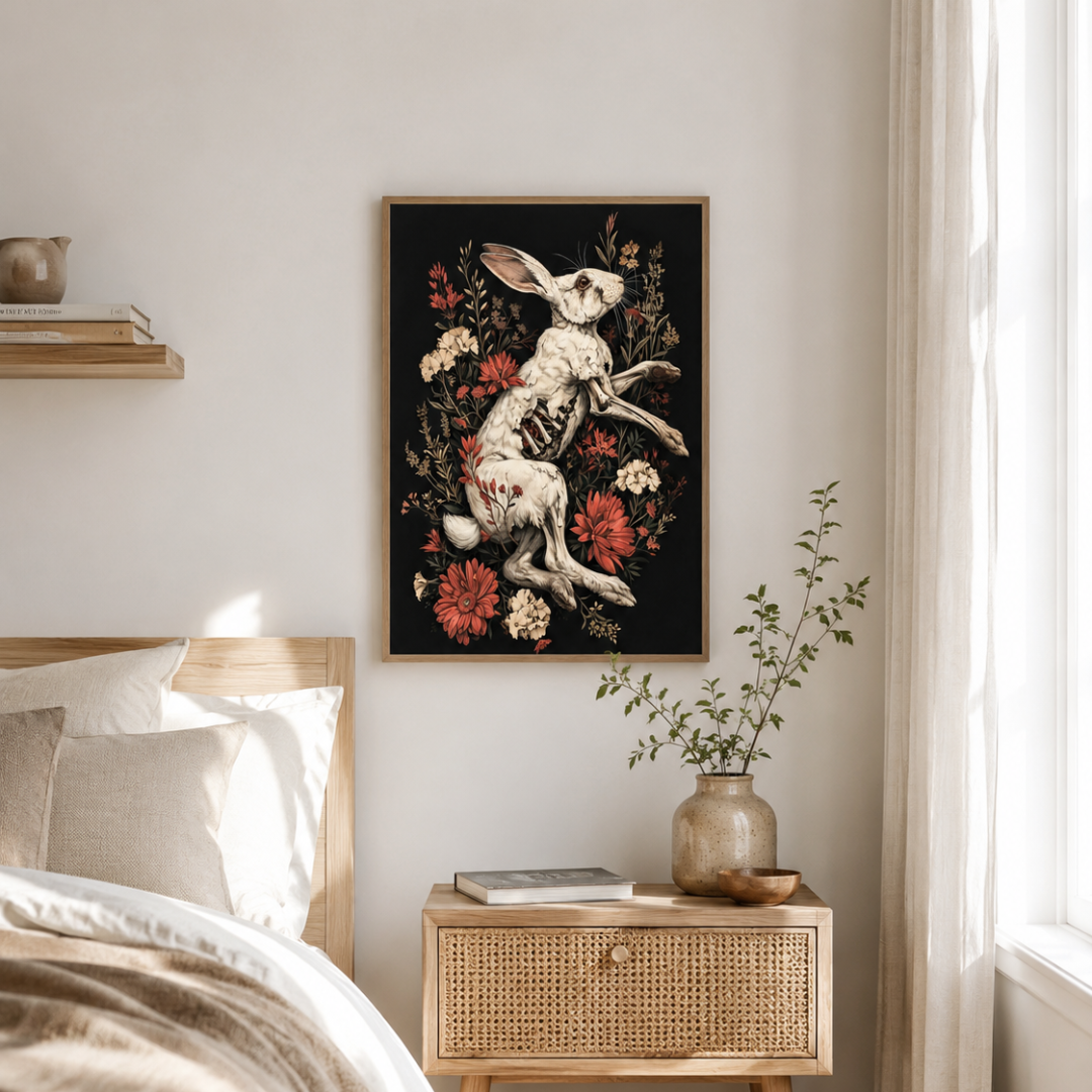 Gothic Rabbit Skeleton Floral Canvas Print
