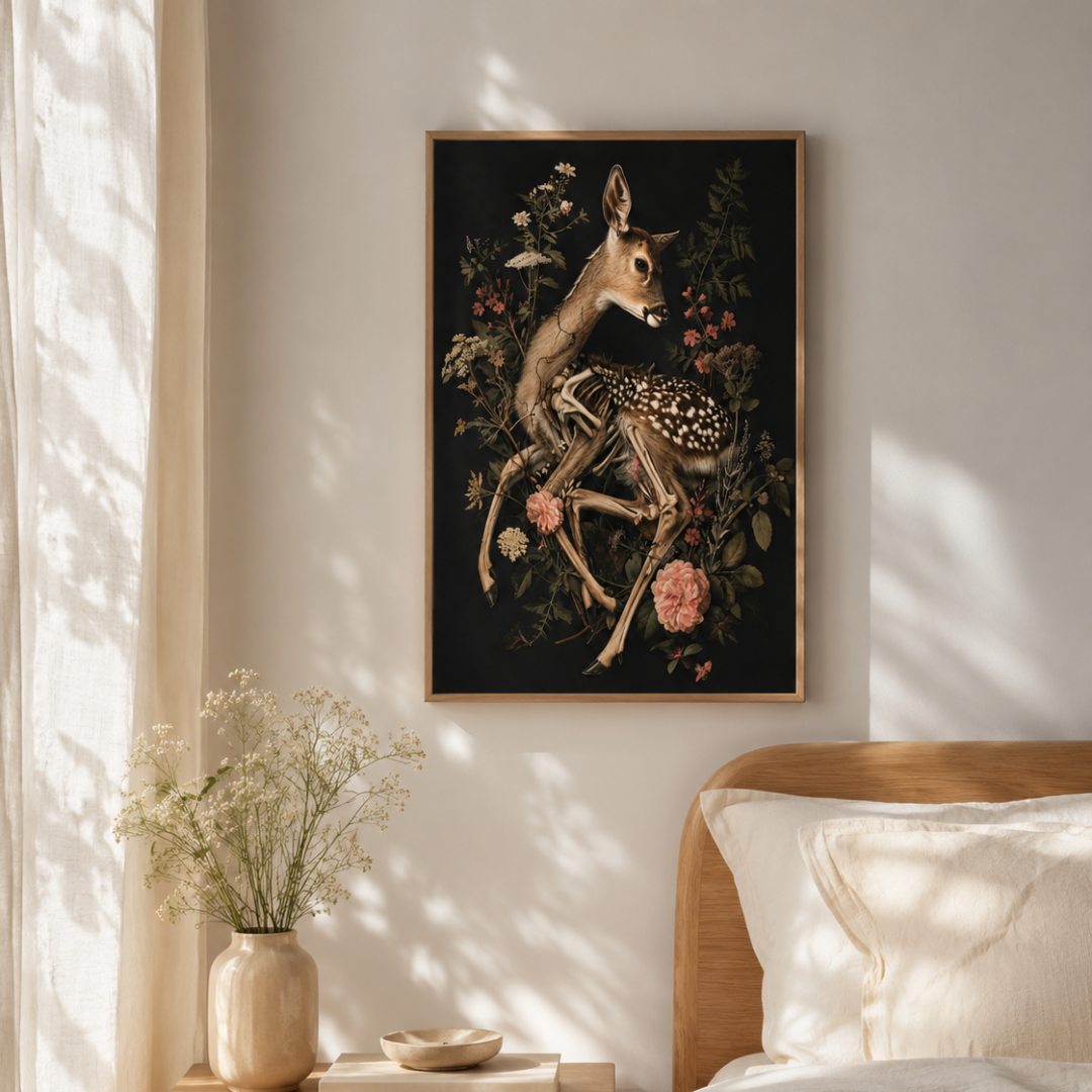 Gothic Deer Skeleton Floral Canvas Print