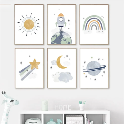 Earth, Moon & Spaceship Kids Canvas Print