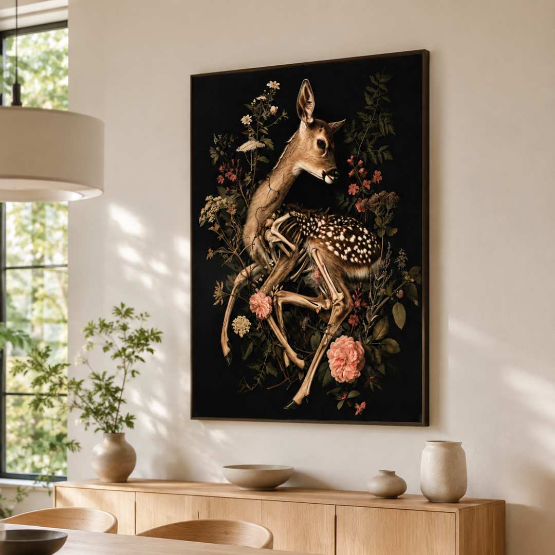 Gothic Deer Skeleton Floral Canvas Print